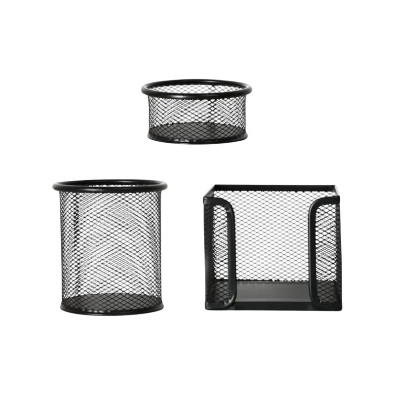 3-piece black metal mesh office desk organizer set showing pen holder, memo pad dispenser, and file sorter on Spotngrab Lebanon.