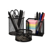 3-piece black metal mesh office desk organizer set showing pen holder, memo pad dispenser, and file sorter on Spotngrab Lebanon.