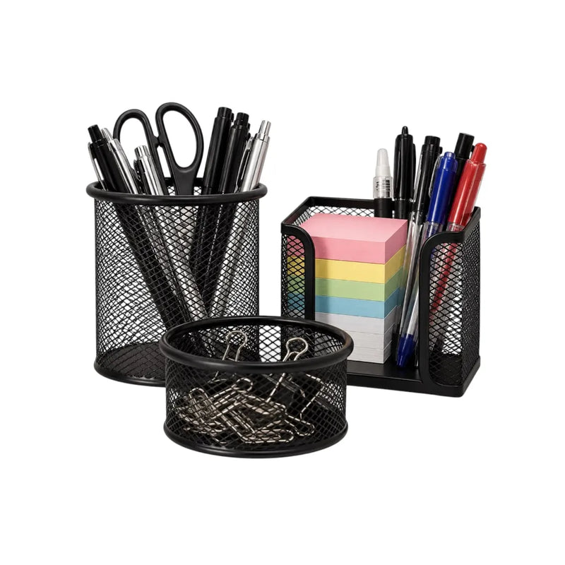 3-piece black metal mesh office desk organizer set showing pen holder, memo pad dispenser, and file sorter on Spotngrab Lebanon.