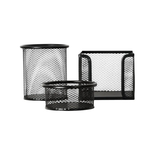 3-piece black metal mesh office desk organizer set showing pen holder, memo pad dispenser, and file sorter on Spotngrab Lebanon.