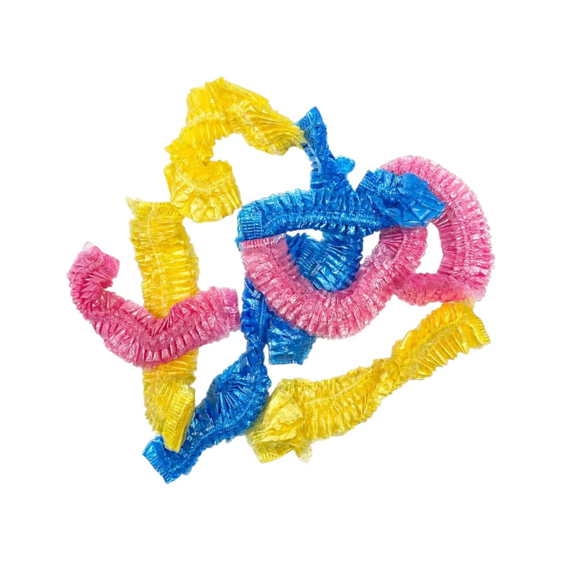Pack of 9 pcs multicolored disposable plastic shower caps in bright pink, blue, and yellow colors on Spotngrab Lebanon.