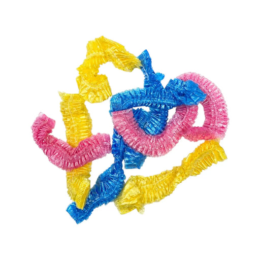 Pack of 9 pcs multicolored disposable plastic shower caps in bright pink, blue, and yellow colors on Spotngrab Lebanon.