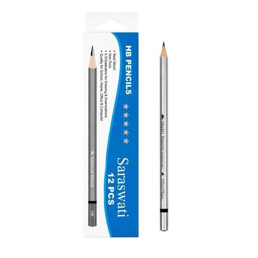 Blue and white retail box of 12 pcs Saraswati HB graphite pencils displaying a silver pluss pencil on Spotngrab Lebanon.