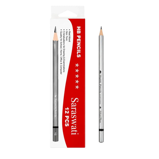 Red and white retail box of 12 pcs Saraswati HB graphite pencils displaying a silver pluss pencil on Spotngrab Lebanon.