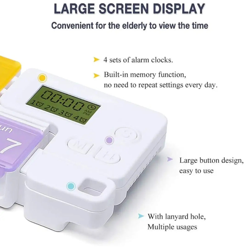 Close-up of the digital LCD screen and setting buttons on the 7-day smart pill box on Spotngrab Lebanon.