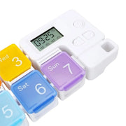 Close-up of the digital LCD screen and setting buttons on the 7-day smart pill box on Spotngrab Lebanon.