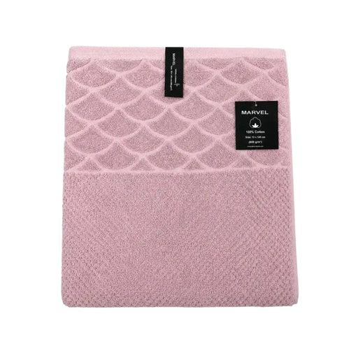 Marvel 100 percent cotton textured scallop bath towel 70x140cm with product tag on Spotngrab Lebanon.