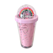 Pink rainbow glitter tumbler back view