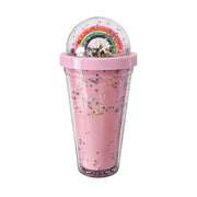 Pink rainbow glitter tumbler with 3D dome lid front view