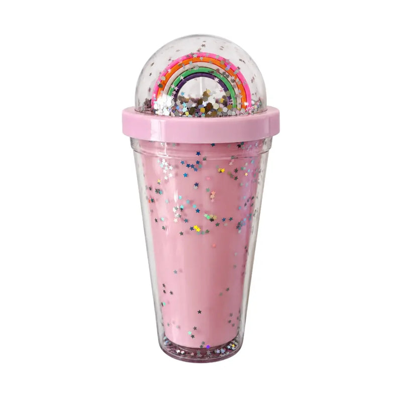 Pink rainbow glitter tumbler with 3D dome lid front view