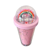 Pink rainbow glitter tumbler side view