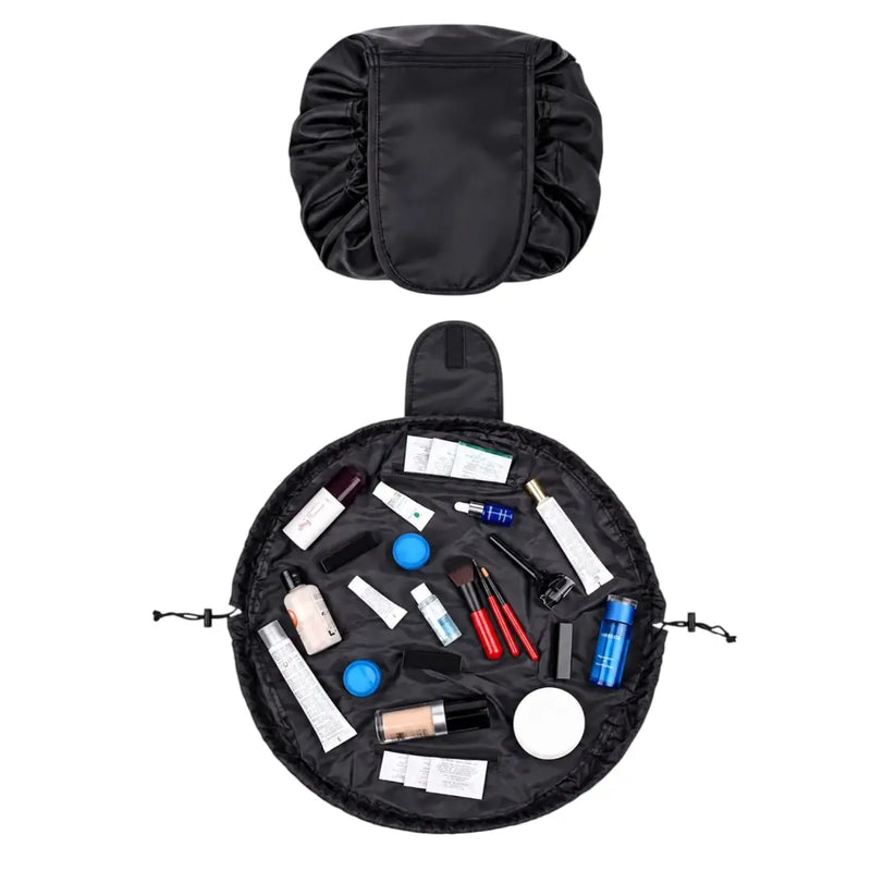 Portable drawstring makeup bag shown open flat with cosmetics and packed shut into a pouch on Spotngrab Lebanon.