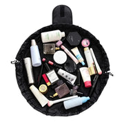 Portable drawstring makeup bag shown open flat with cosmetics and packed shut into a pouch on Spotngrab Lebanon.