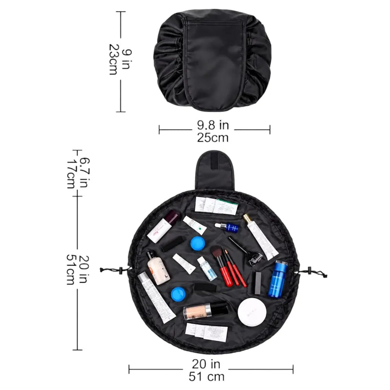 Portable drawstring makeup bag shown open flat with cosmetics and packed shut into a pouch on Spotngrab Lebanon.