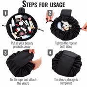 Portable drawstring makeup bag shown open flat with cosmetics and packed shut into a pouch on Spotngrab Lebanon.