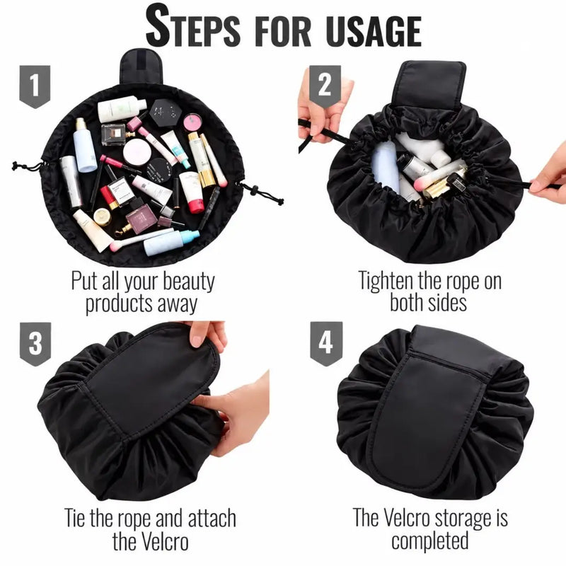 Portable drawstring makeup bag shown open flat with cosmetics and packed shut into a pouch on Spotngrab Lebanon.