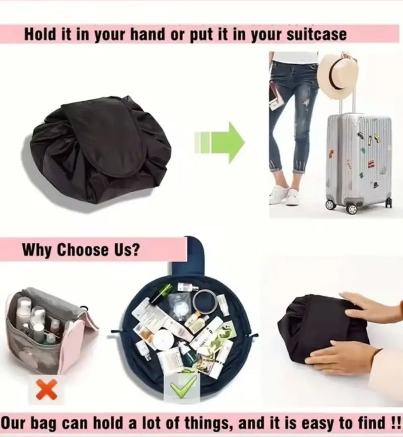 Portable drawstring makeup bag shown open flat with cosmetics and packed shut into a pouch on Spotngrab Lebanon.
