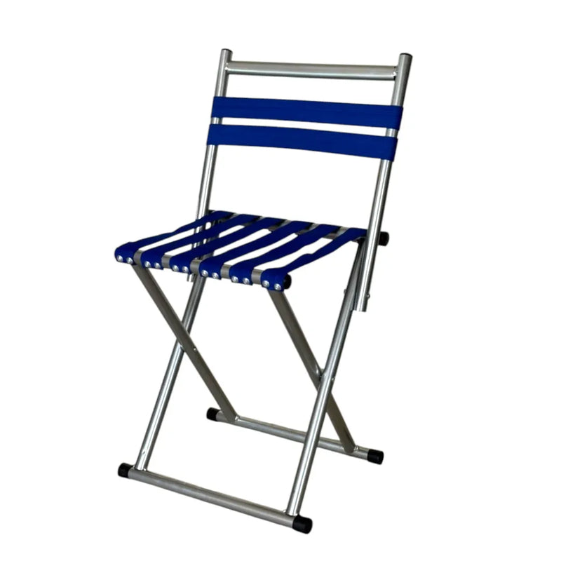 Blue folding camping chair with backrest side view
