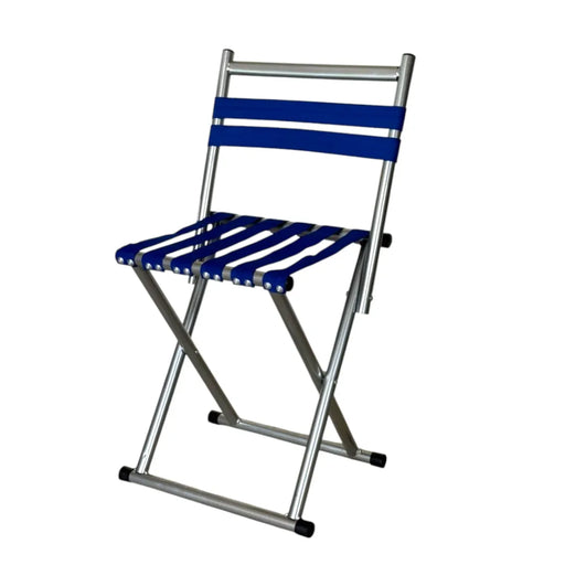 Blue folding camping chair with backrest side view