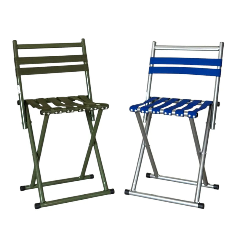 Folding camping chairs in blue and olive green