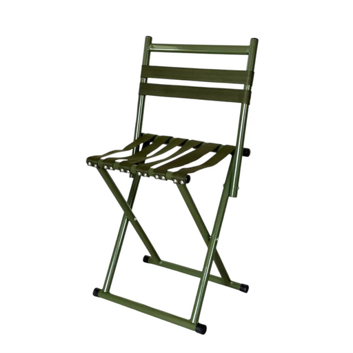 Olive green folding camping chair with backrest side view