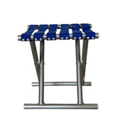 Blue folding camping stool metal X-frame side view
