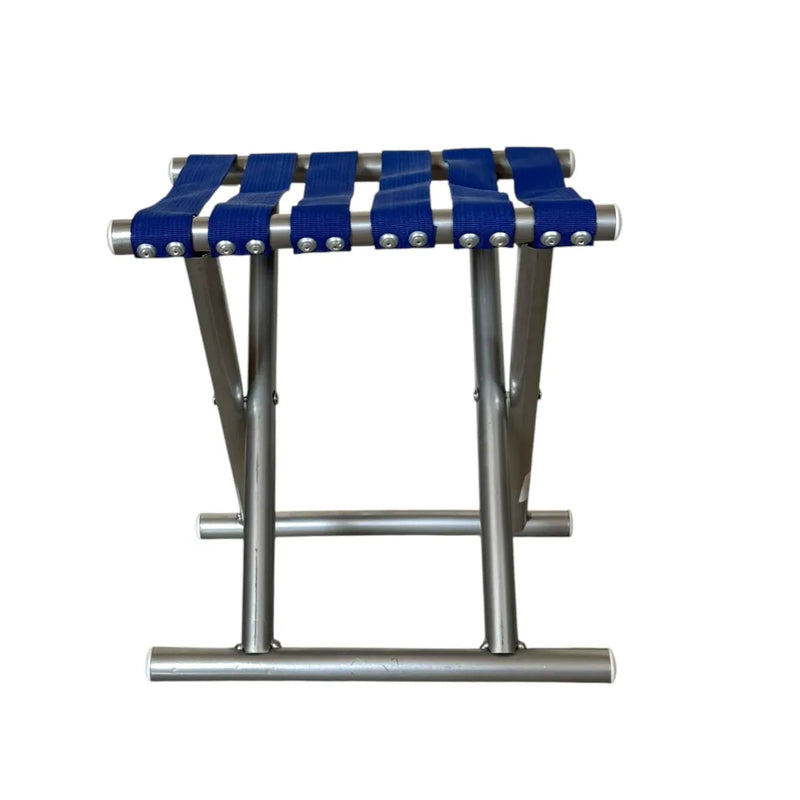 Blue folding camping stool metal X-frame side view