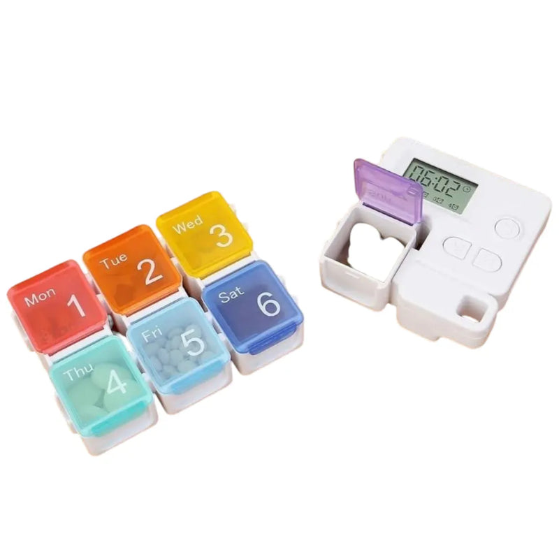 Close-up of the digital LCD screen and setting buttons on the 7-day smart pill box on Spotngrab Lebanon.