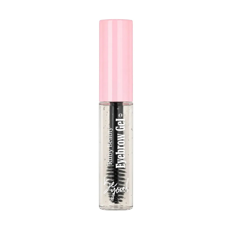 Ruby Beauty Eyebrow Gel transparent tube with pink cap and spoolie wand on Spotngrab Lebanon.