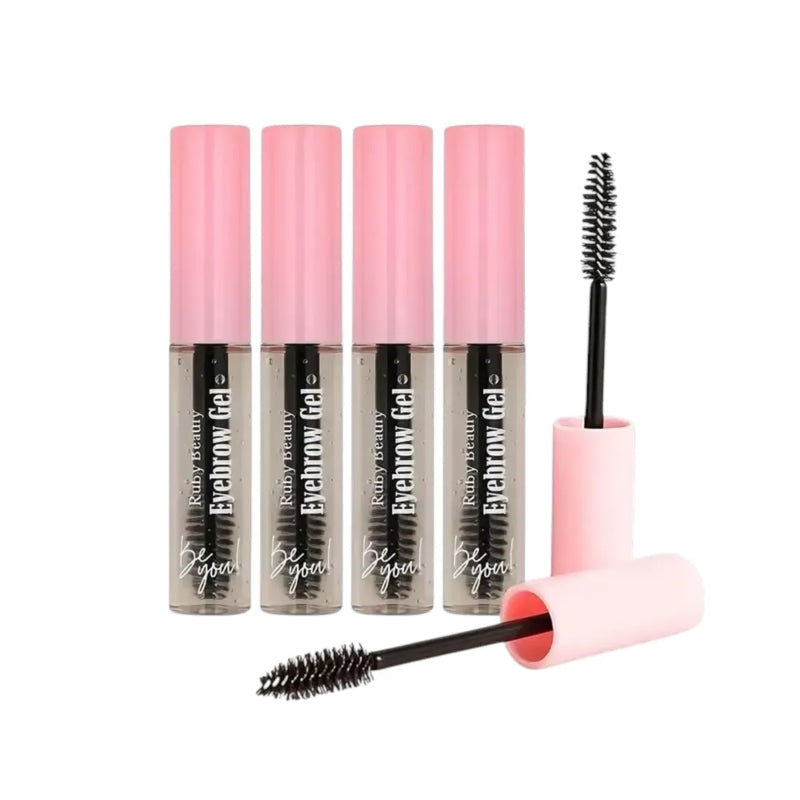 Ruby Beauty Eyebrow Gel transparent tube with pink cap and spoolie wand on Spotngrab Lebanon.