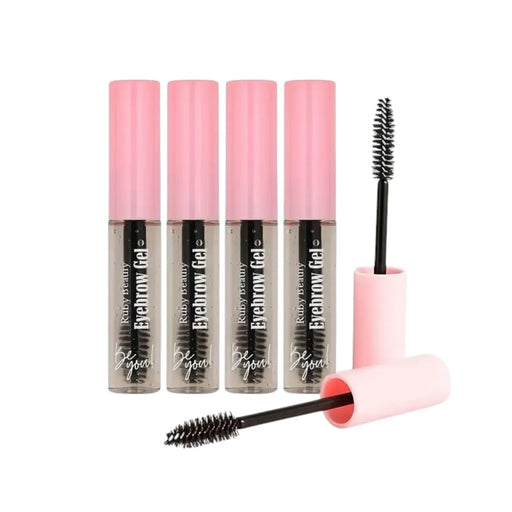 Ruby Beauty Eyebrow Gel transparent tube with pink cap and spoolie wand on Spotngrab Lebanon.