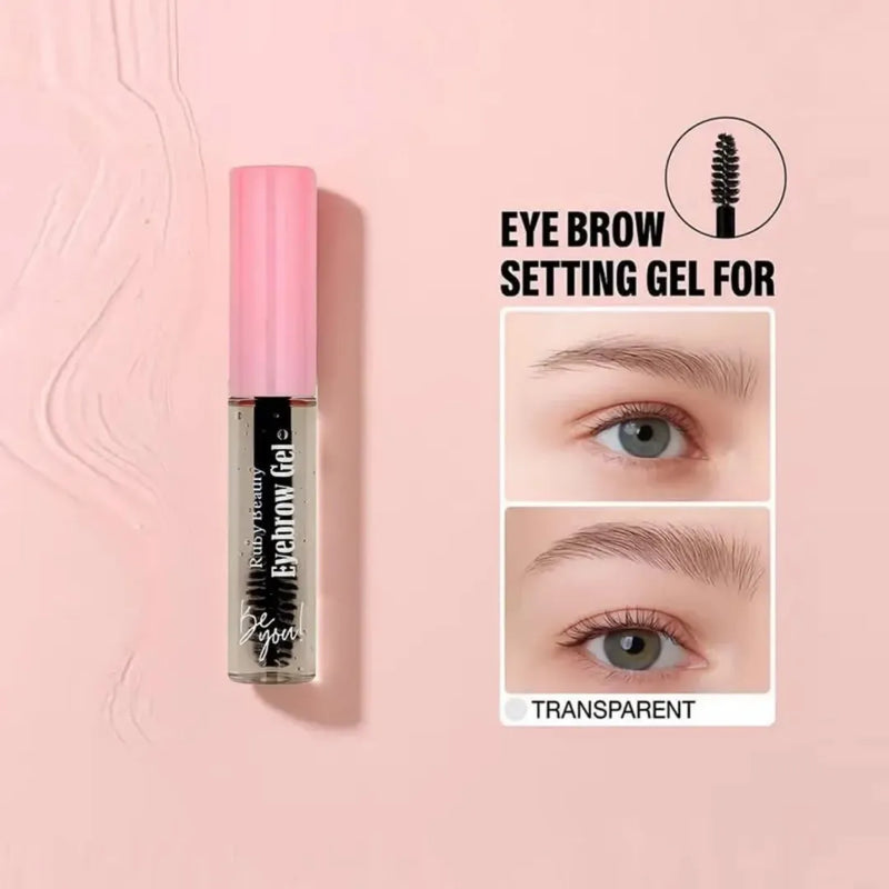 Ruby Beauty Eyebrow Gel transparent tube with pink cap and spoolie wand on Spotngrab Lebanon.