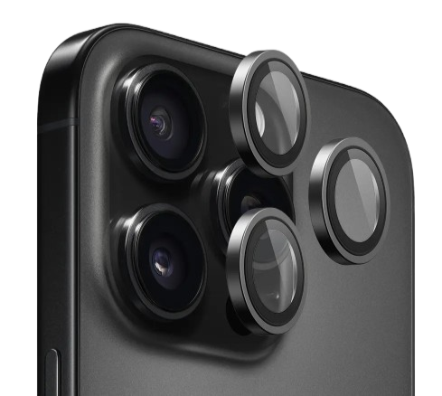 Blueo Sapphire Crystal Lens Glass for iPhone 15/16 Pro/Max – 3pcs Black Titanium, scratch-resistant camera protector at SpotNGrab Lebanon.