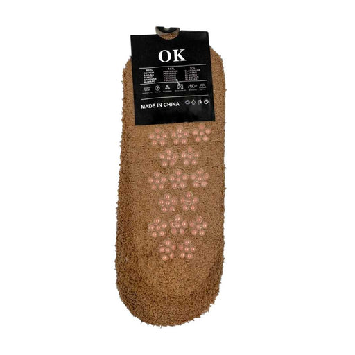 Light brown men's fuzzy non-slip slipper socks back with grips
