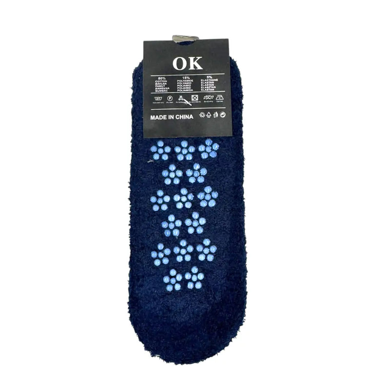 Navy men's fuzzy non-slip slipper socks back with grips