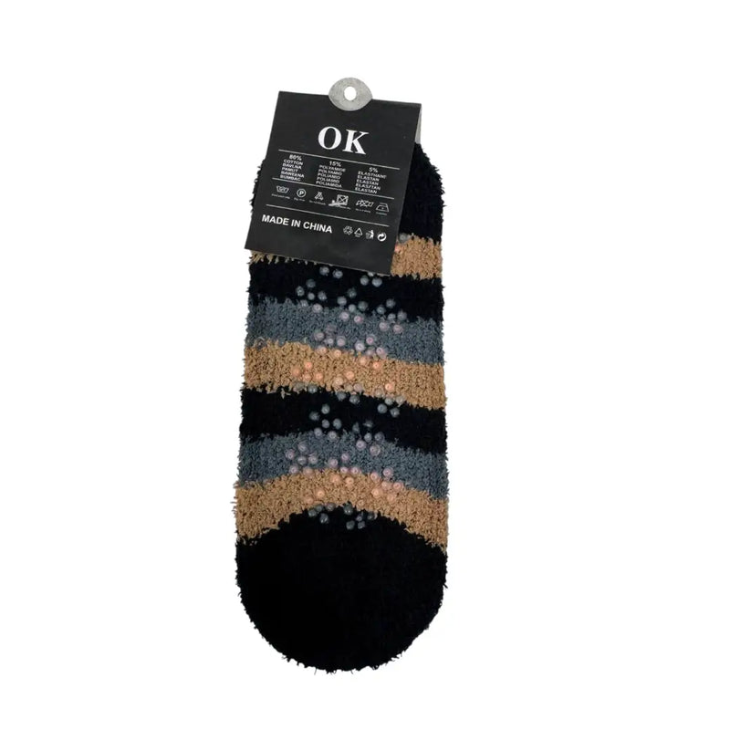 Black men's striped slipper socks back with non-slip grips