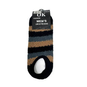 Black men's striped fuzzy slipper socks front