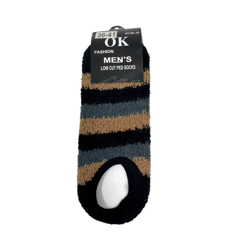 Black men's striped fuzzy slipper socks front