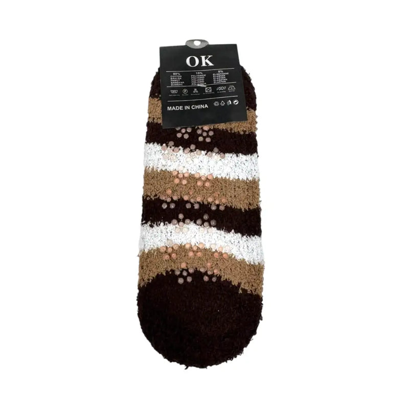 Dark brown men's striped slipper socks back with non-slip grips