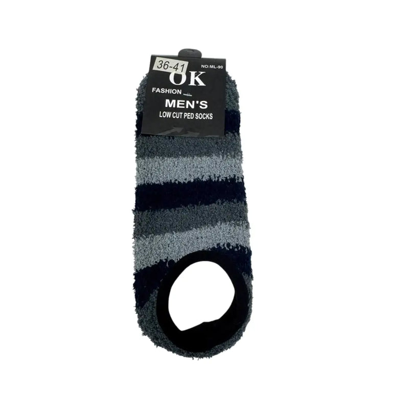 Dark gray men's striped fuzzy slipper socks front