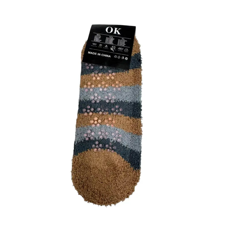 Light brown men's striped slipper socks back with non-slip grips