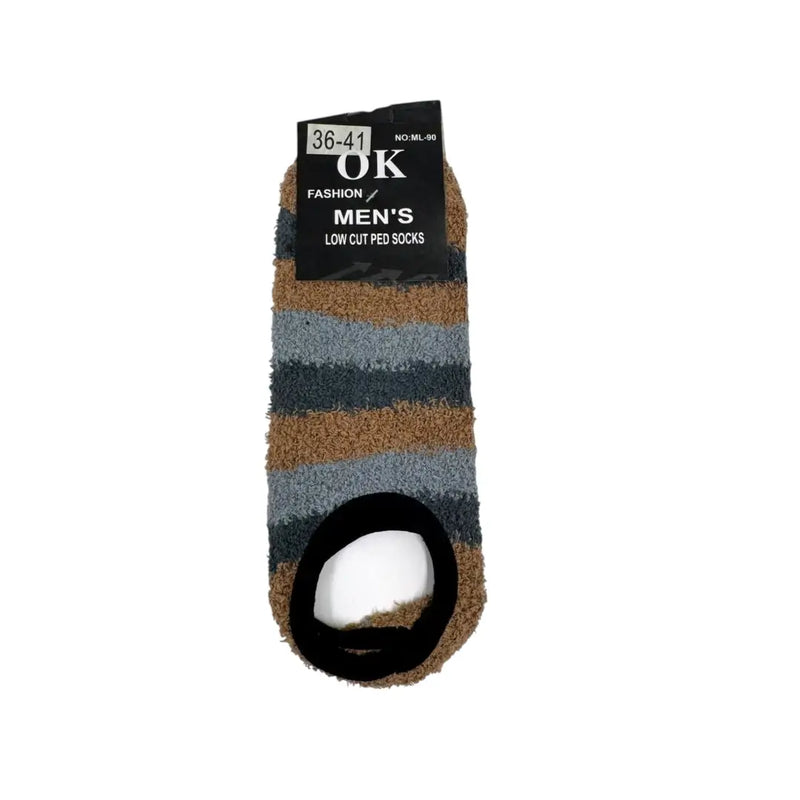 Light brown men's striped fuzzy slipper socks front