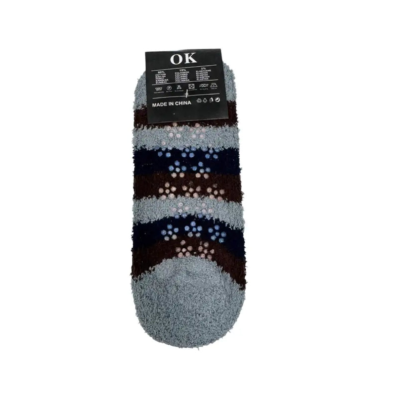 Light gray men's striped slipper socks back with non-slip grips