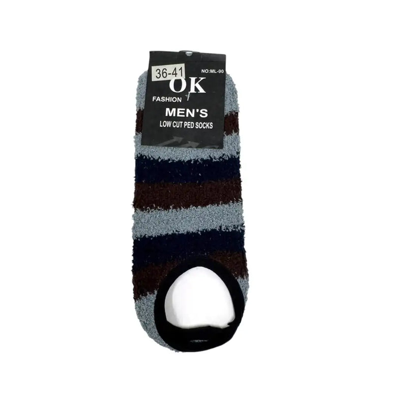 Light gray men's striped fuzzy slipper socks front