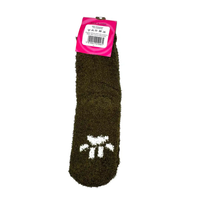 Dark green heart and paw print fuzzy socks back view