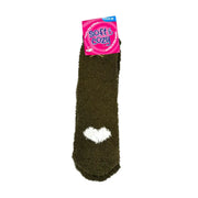 Dark green coral fleece fuzzy socks with heart and paw print front