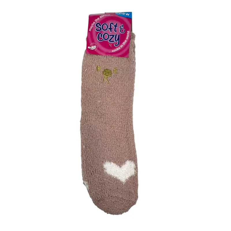 Pink coral fleece fuzzy socks with heart and paw print front