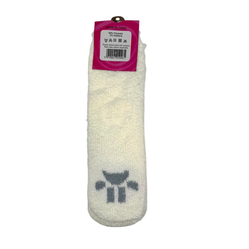 White heart and paw print fuzzy socks back view