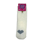 White coral fleece fuzzy socks with heart and paw print front