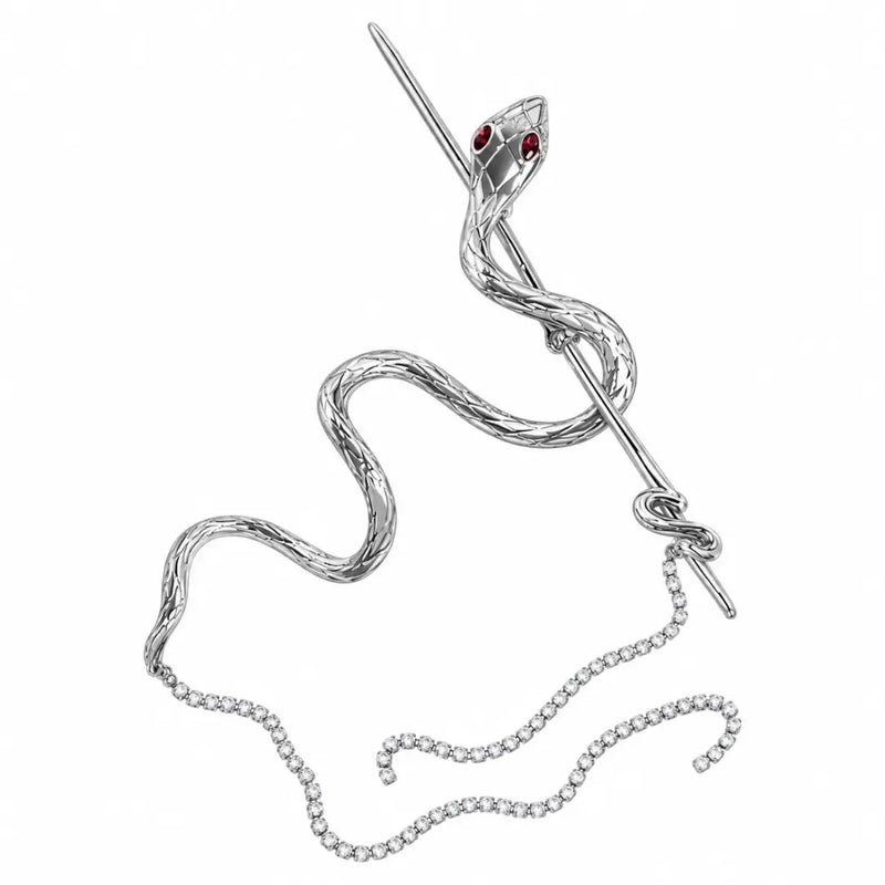 Striking silver snake hairpin with winding serpentine body and rhinestone tassel chains on Spotngrab Lebanon.